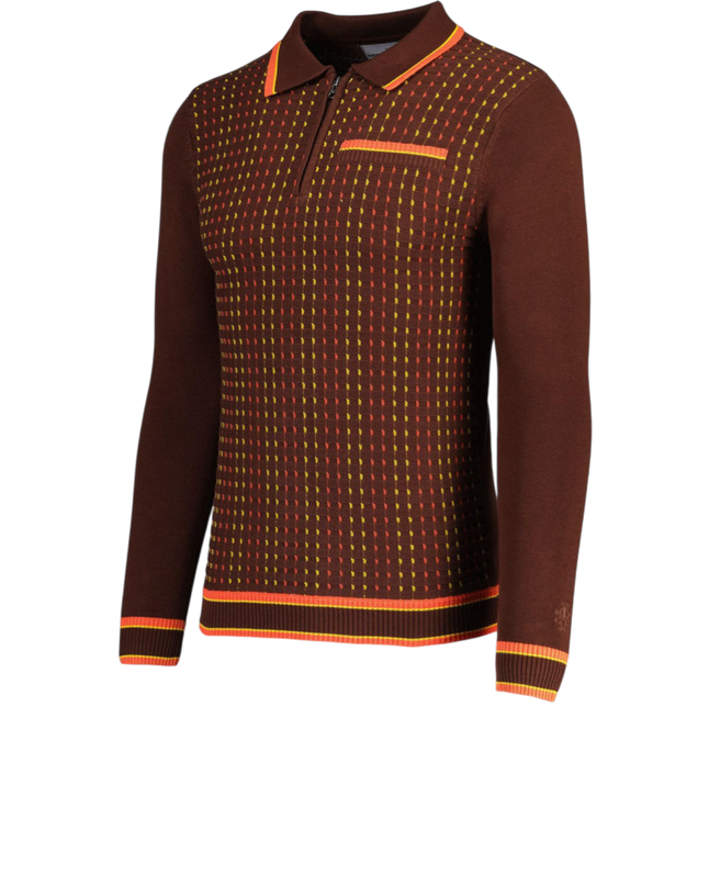 Coltrane Mod Textured Dash Jacquard Knit Polo in Brown