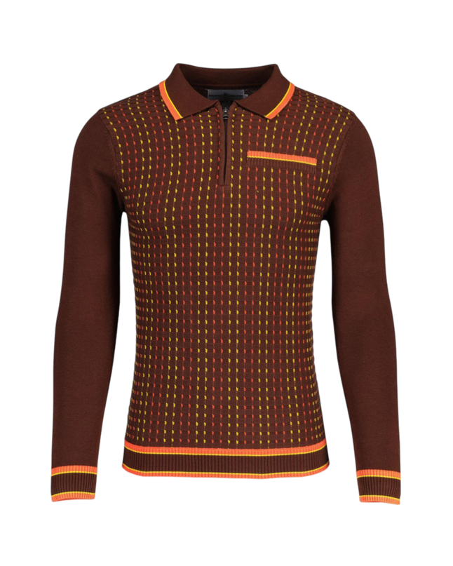 Coltrane Mod Textured Dash Jacquard Knit Polo in Brown