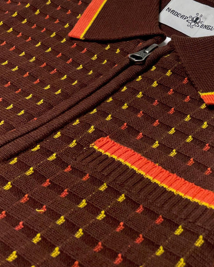 Coltrane Mod Textured Dash Jacquard Knit Polo in Brown