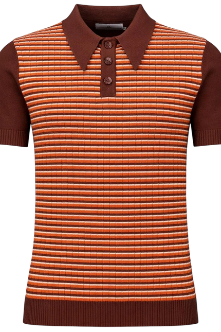 MADCAP Harlem Big Collar Rib Stripe Mod Knit Polo Top, Potting Soil