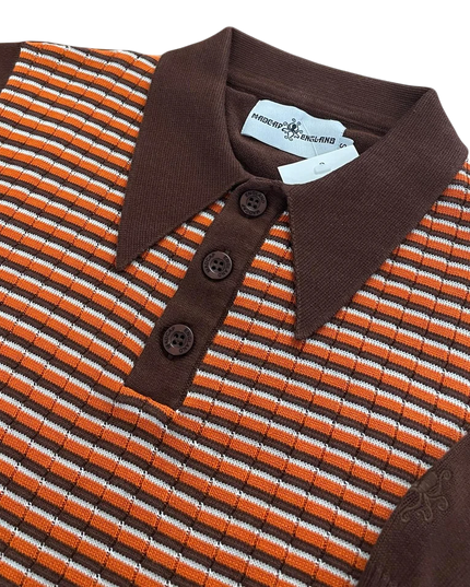MADCAP Harlem Big Collar Rib Stripe Mod Knit Polo Top, Potting Soil
