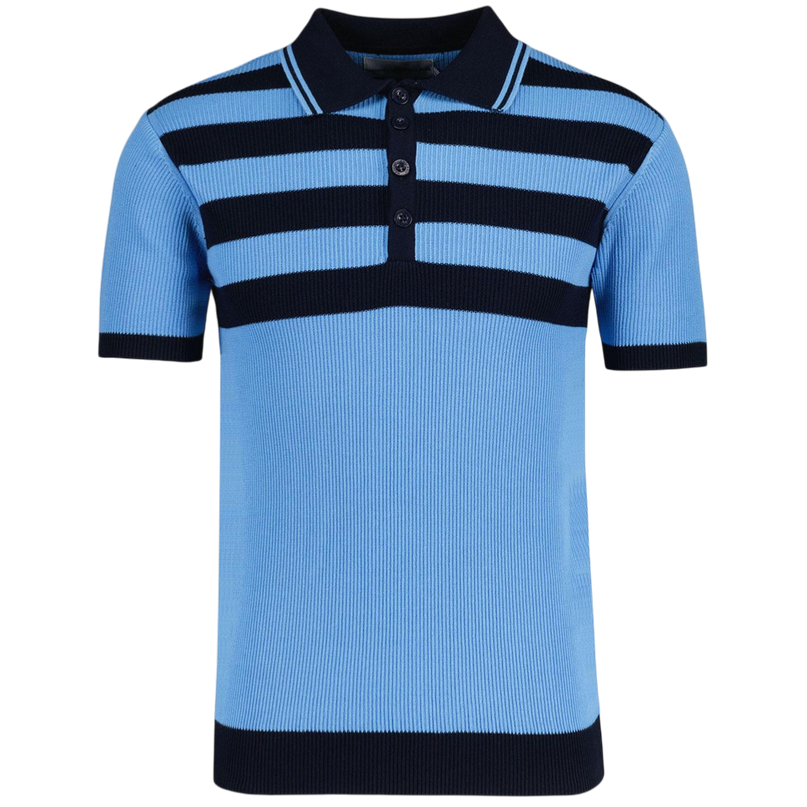 Terry Retro Mod Ribbed Knit Striped Polo in Blue/Black