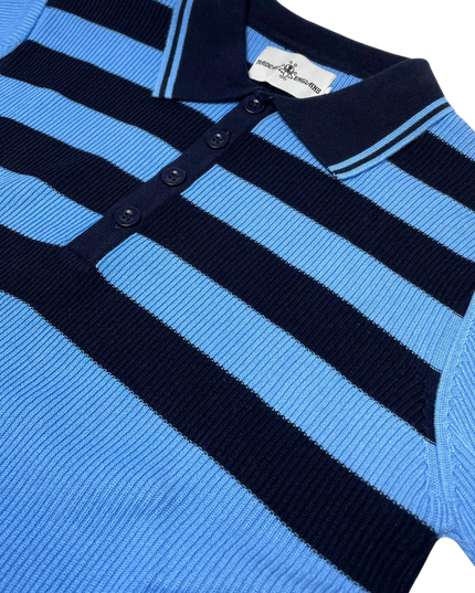 Terry Retro Mod Ribbed Knit Striped Polo in Blue/Black