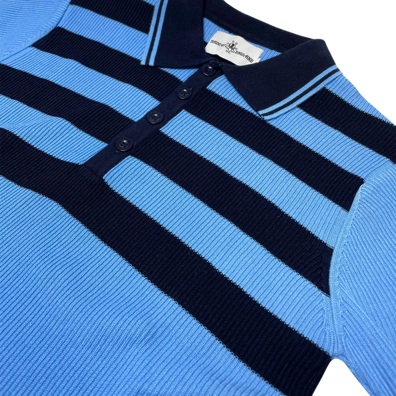 Terry Retro Mod Ribbed Knit Striped Polo in Blue/Black