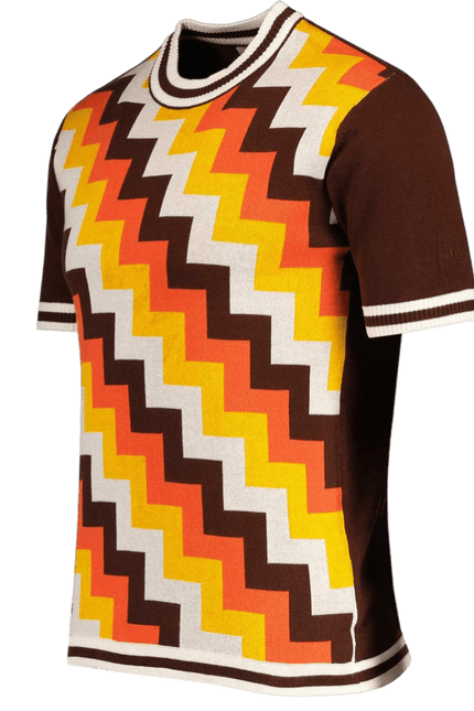 T-shirt tricoté jacquard à motifs rétro 70s Rainmaker couleur terre