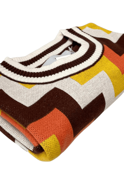 T-shirt tricoté jacquard à motifs rétro 70s Rainmaker couleur terre