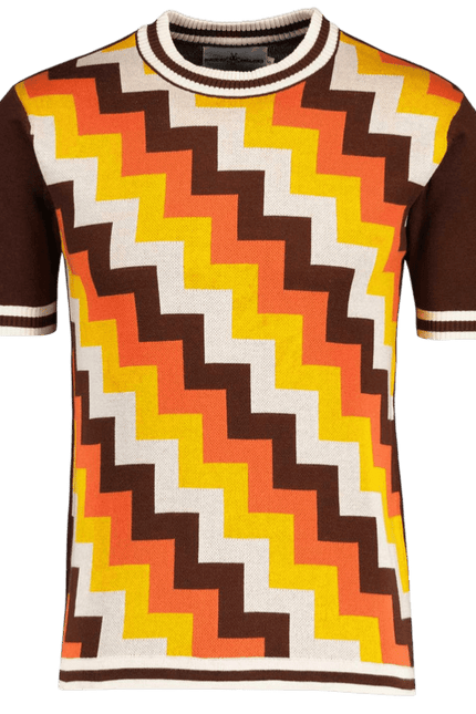 T-shirt tricoté jacquard à motifs rétro 70s Rainmaker couleur terre