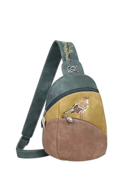 rugzak, slingbag "Tjirp", d.blauw/ geel/ bruin
