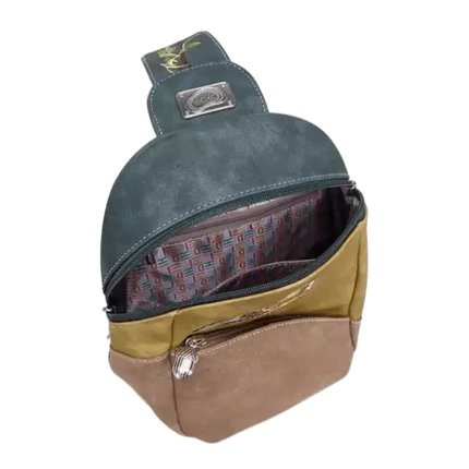 rugzak, slingbag "Tjirp", d.blauw/ geel/ bruin