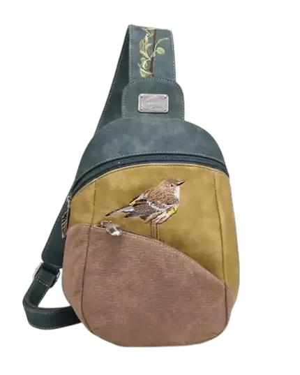 rugzak, slingbag "Tjirp", d.blauw/ geel/ bruin