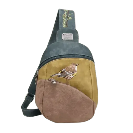 rugzak, slingbag "Tjirp", d.blauw/ geel/ bruin