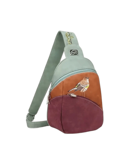 MOCHILA/BOLSO BANDOLERA «TJIRP», VERDE/COGNAC/MORADO