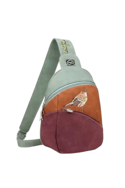 rugzak, slingbag "Tjirp", groen/ cognac/ paars