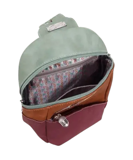 MOCHILA/BOLSO BANDOLERA «TJIRP», VERDE/COGNAC/MORADO