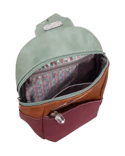 mochila, bolso bandolera "Tjirp", verde/ coñac/ púrpura