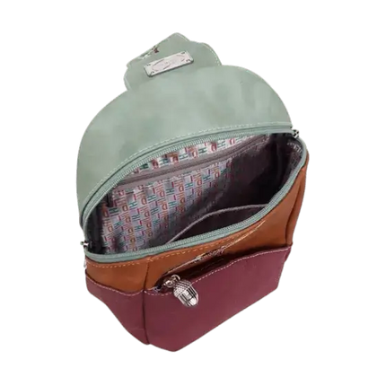rugzak, slingbag "Tjirp", groen/ cognac/ paars