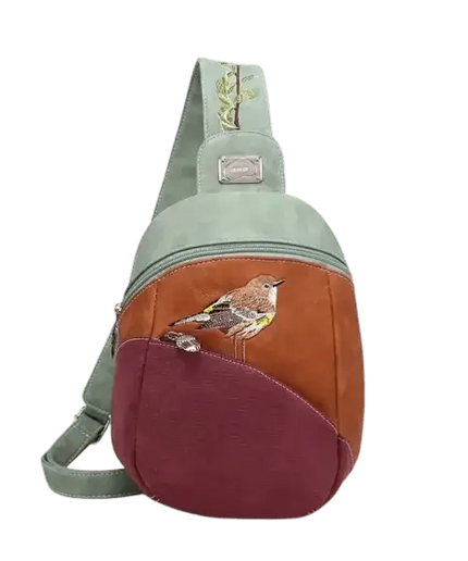 MOCHILA/BOLSO BANDOLERA «TJIRP», VERDE/COGNAC/MORADO