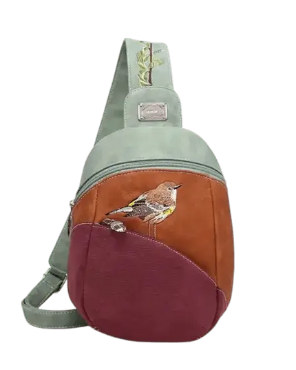 mochila, bolso bandolera "Tjirp", verde/ coñac/ púrpura