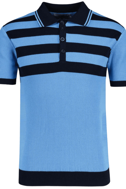 MADCAP Terry Retro Mod Ribbed Knit Striped Polo in Blue/Black