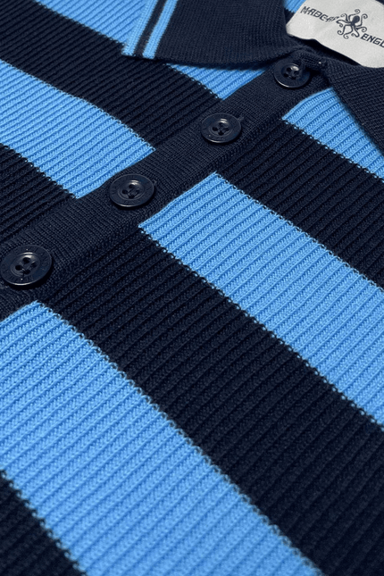 MADCAP Terry Retro Mod Ribbed Knit Striped Polo in Blue/Black