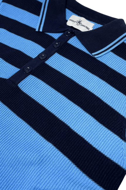 MADCAP Terry Retro Mod Ribbed Knit Striped Polo in Blue/Black